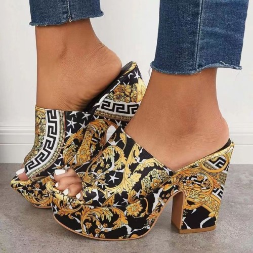 Round toe medium heel thick heeled slippers for women's large-sized silk and satin embroidered leopard print high heel sandals