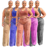 N7856 Women's Wholesale Sleeveless Open Waist Short Top Elastic Waist Wide Leg Pants Large Set plus size two pieces set