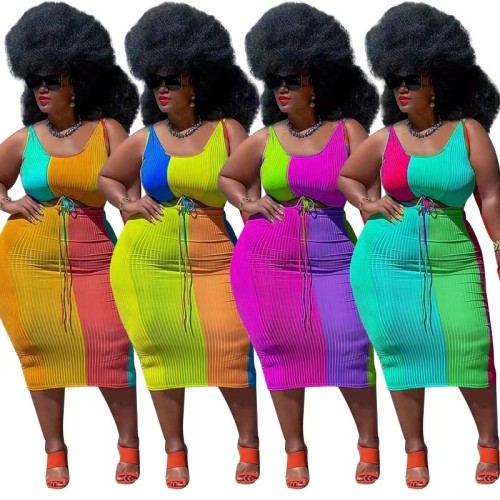 Wholesale Two Piece Skirt Set Summer Outfit Fashion Contrast Color Crop Top 2 Piece Set Plus Size Women's Clothing