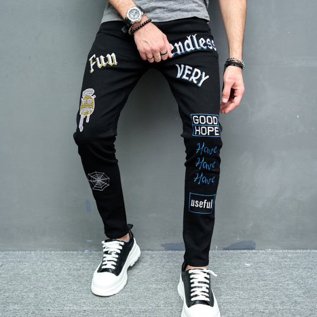 J&H 2023 Summer hip hop men's casual embroidery jeans elastic skinny denim pants for man graffiti pants high street wear