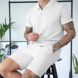 Summer Men's Suit Two-piece Waffle Lapel Solid Color Thin Casual Polo T-shirts Streetwear Short-sleeve and Shorts Set