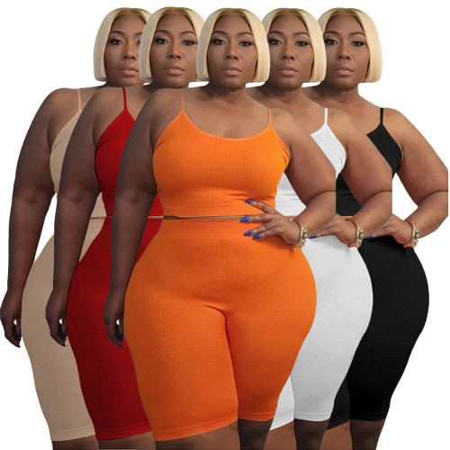 2023 Summer Solid Casual Plus Size Women's Clothing Two Piece Outfits High Stretch U Shaped Sleeveless And Shorts Casual Set