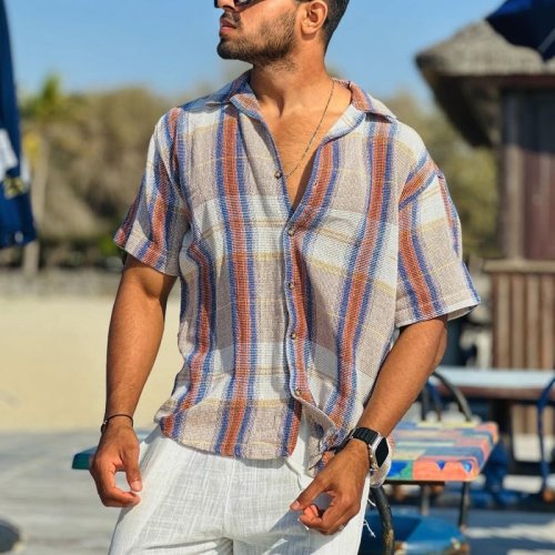 J&H fashion 2023 dropshipping Summer simple plaid men's shirt men's casual loose street wear trend button up top