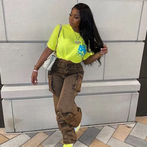 BOYI 2023 Hot Sell INS Style Denim Jeans High Waist Pockets Tight Long Cargo Pants Women