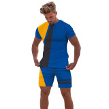 Men Sport Short Tracksuits Set Short Sleeve tshirt Suits for Jogging Casual Set irregularity color blocks casual Set Men