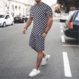 Men's Summer Shorts Set Cool Casual Thin Outerwear Checkerboard Street Wears Short-sleeved Shorts Set New
