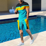 Custom Logo Summer t Shirt Shorts Suit Color Block t shirt and short Sweatwear set for men  Casual Breathable set