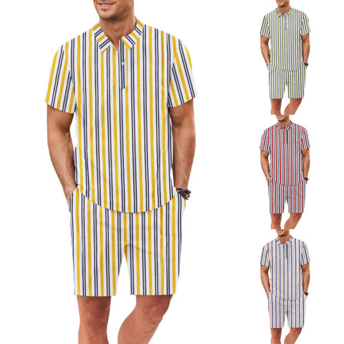 J&H Fashion summer men's Hawaiian beach suit fashion striped polo shirts  shorts two-piece set casual wear