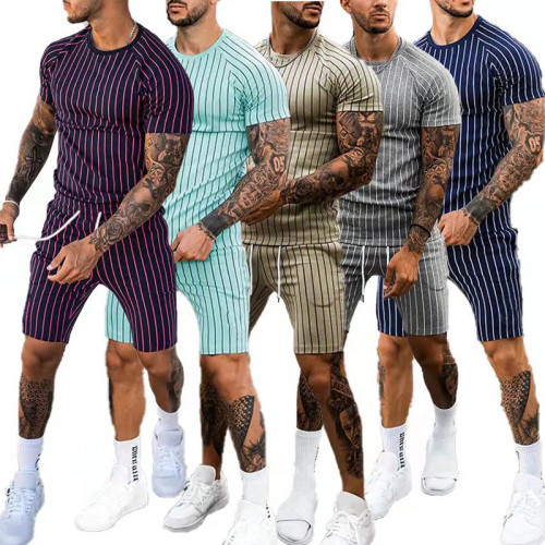 Custom Logo fashion 3D printing t shirt Set casual men's stripe tracksuits sport wear short-sleeved men jogging shorts suit