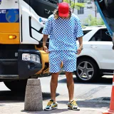 Men's Summer Shorts Set Cool Casual Thin Outerwear Checkerboard Street Wears Short-sleeved Shorts Set New