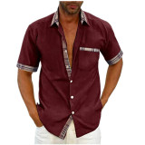 J&H summer 2023 solid color cotton short-sleeved shirt patchwork fashion button shirt casual men's top