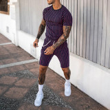 Custom Logo fashion 3D printing t shirt Set casual men's stripe tracksuits sport wear short-sleeved men jogging shorts suit