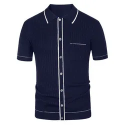 J&H high quality Men button down knit fabric short sleeveT-shirt slim casual office shirts solid color muscle shirts for summer
