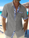 J&H 2023 summer plus size linen shirts fashion patchwork design short sleeve button up tops for men casual wear