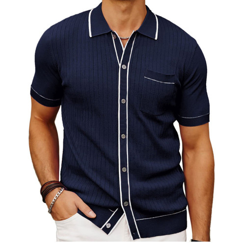 J&H high quality Men button down knit fabric short sleeveT-shirt slim casual office shirts solid color muscle shirts for summer