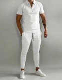 Men's Muscle V Neck Zip Polo Shirts Slim Fit Short Sleeve T-Shirts and Pants Suit Summer Work Casual Knit Soft Tees Sets