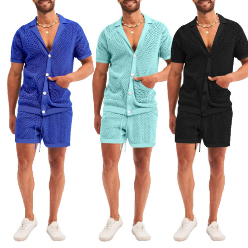 Men's Sexy Hollow Perspective Shorts Set Cool Casual Thin Outerwear Summer Short-sleeved Shorts Set New