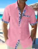 J&H 2023 summer plus size linen shirts fashion patchwork design short sleeve button up tops for men casual wear