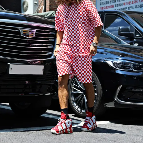 Men's Summer Shorts Set Cool Casual Thin Outerwear Checkerboard Street Wears Short-sleeved Shorts Set New
