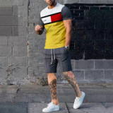 Custom Logo 2 Piece Short Set Summer Man 3D Print Short Sleeve Patchwork Fabric Sportswear Men Tracksuit Sweat Shorts Set