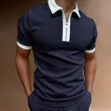 Euro size summer T-shirt button-down short sleeve riding casual pleated top men's T-shirt Henry shirts