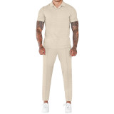 Summer Waffle V-Neck Polo Lapel Shirt Golf Short-Sleeved Trousers Set Men's Sports Casual Track Suit