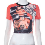 BOYI Summer Round Neck Short Sleeve Graphic Print T-shirt Slim Fashionable Crop Top for Women