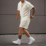 J&H 2023 Summer fashion new casual all white two-piece plain shirts shorts set men loose activewear