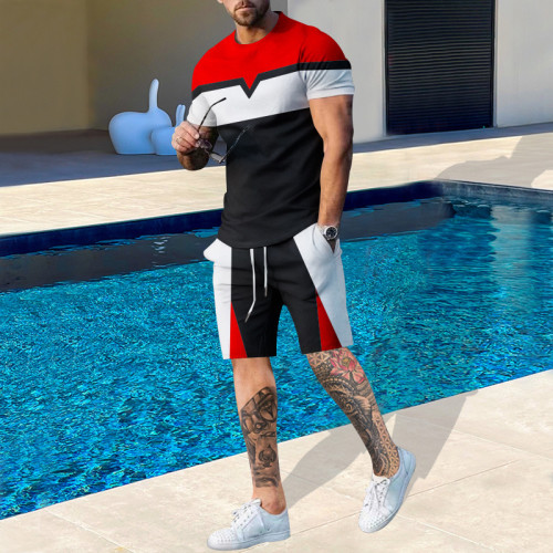 Custom Logo Summer t Shirt Shorts Suit Color Block t shirt and short Sweatwear set for men  Casual Breathable set