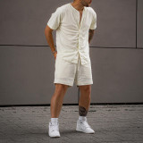 J&H 2023 Summer fashion new casual all white two-piece plain shirts shorts set men loose activewear