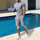 Ins Summer Men's 2 Piece Outfits Muscle Fitness Long-Sleeved T-shirt Pants Suit Sports Casual Street wears Set Custom logo