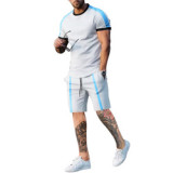 J&H 2023  trend Fashionable men's two-piece summer crew neck splicing short sleeve shorts casual loose sports suit