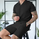 Summer Men's Suit Two-piece Waffle Lapel Solid Color Thin Casual Polo T-shirts Streetwear Short-sleeve and Shorts Set
