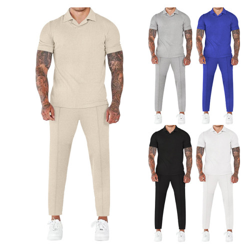 Summer Waffle V-Neck Polo Lapel Shirt Golf Short-Sleeved Trousers Set Men's Sports Casual Track Suit