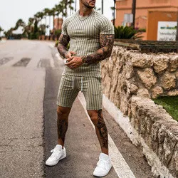Custom Logo fashion 3D printing t shirt Set casual men's stripe tracksuits sport wear short-sleeved men jogging shorts suit