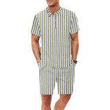 J&H Fashion summer men's Hawaiian beach suit fashion striped polo shirts  shorts two-piece set casual wear