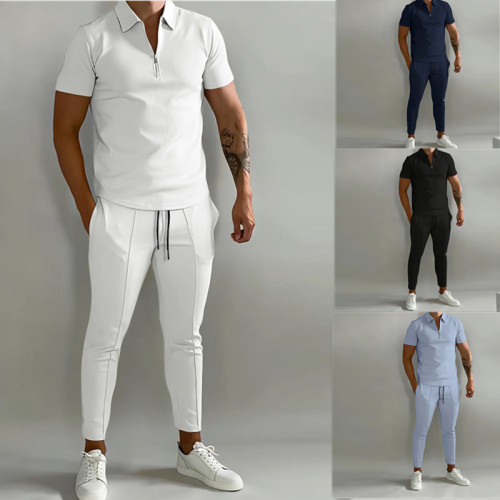 Men's Muscle V Neck Zip Polo Shirts Slim Fit Short Sleeve T-Shirts and Pants Suit Summer Work Casual Knit Soft Tees Sets