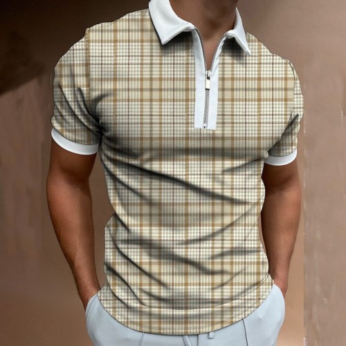 J&H fashion Summer Camisetas Polo Plus Size Men Clothing Plaid Zipper Collar Shortsleeve Top Casual T Shirts Polo Body fitted