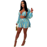 Fashion Leisure Prints Glossy Sexy Shirts Summer Clothes Three Piece Set  For Women