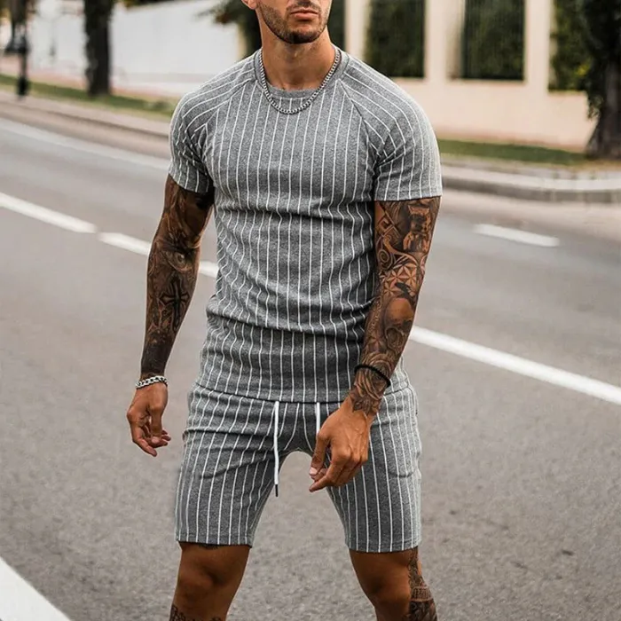 Custom Logo fashion 3D printing t shirt Set casual men's stripe tracksuits sport wear short-sleeved men jogging shorts suit