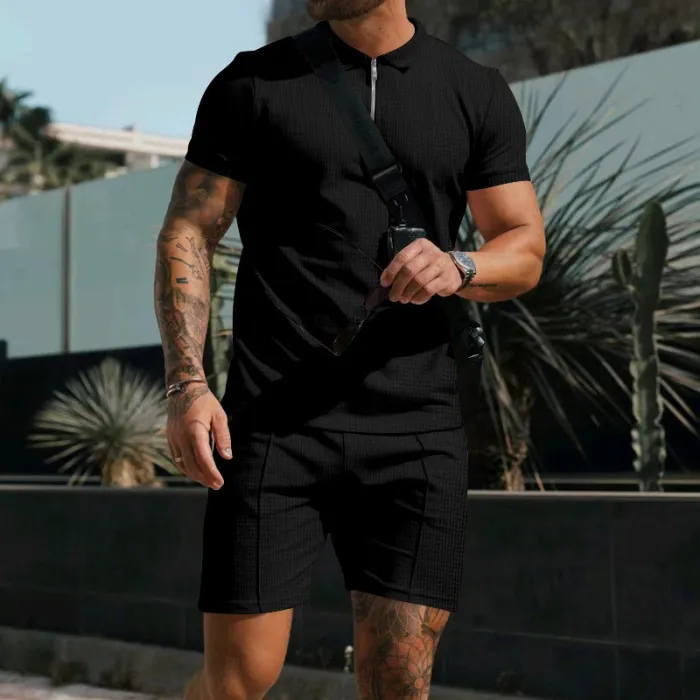 Summer Outfit Polo Zip Full Set Cotton Track Suits Men Clothes Jogger Sport Wear Top And Short Beach Street 2 Pieces Sets