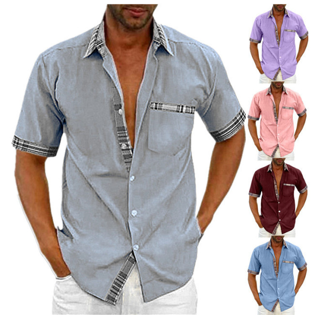 J&H summer 2023 solid color cotton short-sleeved shirt patchwork fashion button shirt casual men's top