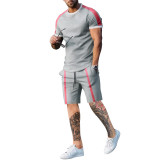 J&H 2023  trend Fashionable men's two-piece summer crew neck splicing short sleeve shorts casual loose sports suit
