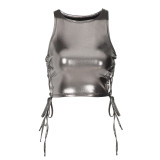 fashion round neck side strop women bandage short tank crop tops tie up women sleeveless streetwear shinny tops