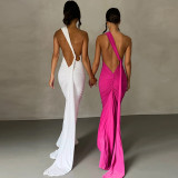 2176 One Shoulder Halter Backless Ruched Ruffle Backless Sleeveless Elegant Slit Women'S Dresses Party Prom Solid Summer Clothes