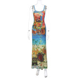 Lagerfe 2519 Tie Dye Print Artistic Lace Up Elegant Maxi Women'S Dresses Summer Casual Party Vacation Evening American Clothing