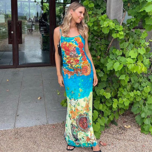 Lagerfe 2519 Tie Dye Print Artistic Lace Up Elegant Maxi Women'S Dresses Summer Casual Party Vacation Evening American Clothing