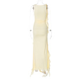 1895 O Neck Sleeveless Ruched Slit Tassel Midi Elegant Women'S Dresses 2023 Summer Party Club Prom Ladycasual American Clothing