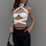 New 2023 women's halter white tops two pieces ladies cut out crop top sexy boob spaghetti straps top mujer woman summer clothing