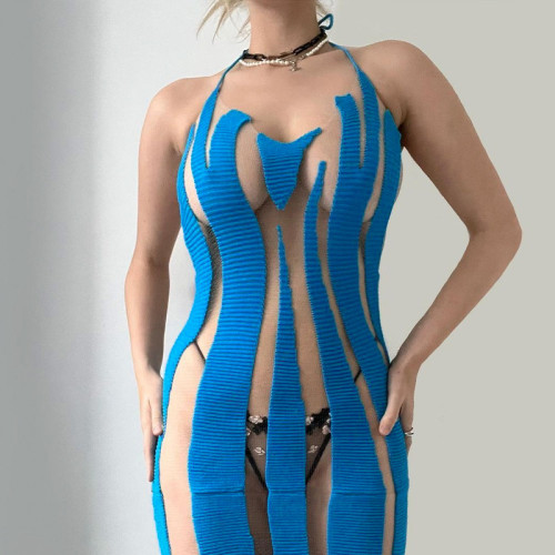 X1362 - women sexy see through hollow out halter sleeveless backless plain bandage short mini dress
